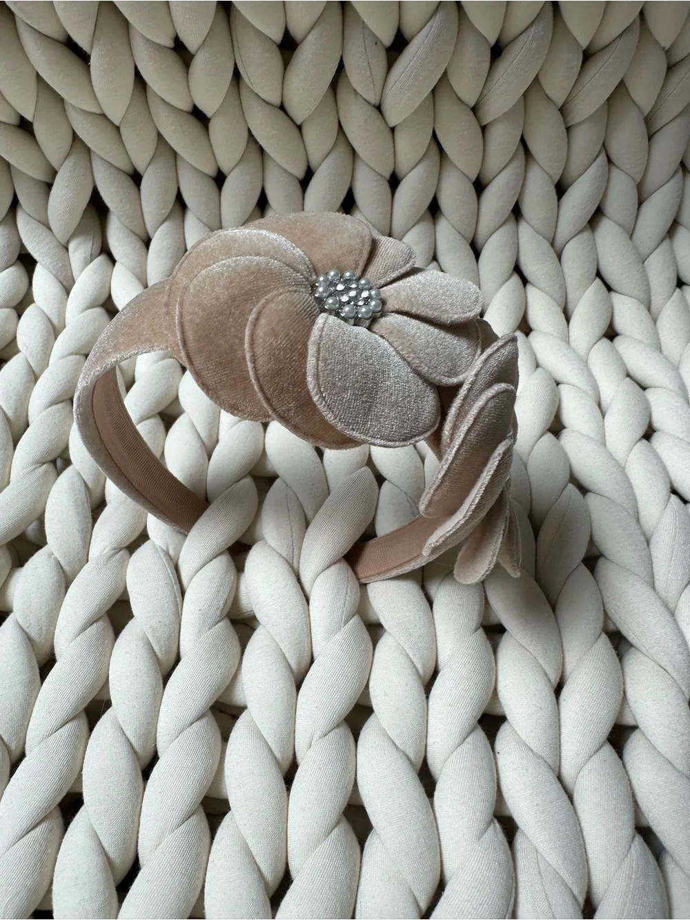 Mayoral Beige Velvet Girls Headband with Statement Flowers and Embelishments